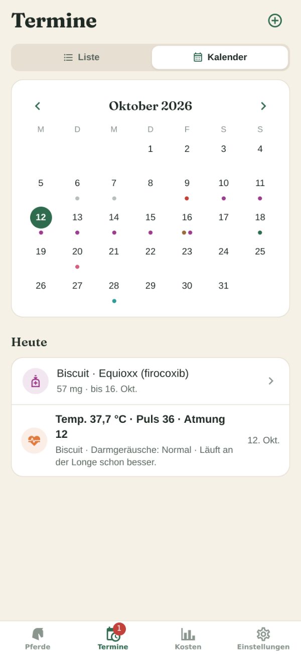 Der Tab „Termine“ als Kalender: Punkte für Fälliges, laufende Behandlungen und erfasste Termine