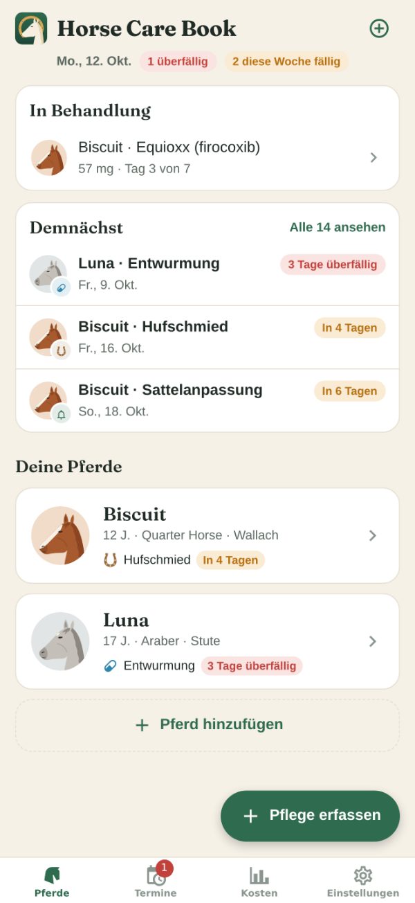 Der Startbildschirm von Horse Care Book: was bei zwei Pferden ansteht – Lunas Entwurmung ist drei Tage überfällig, Biscuits Hufschmied kommt in vier Tagen – und die Pferdeliste