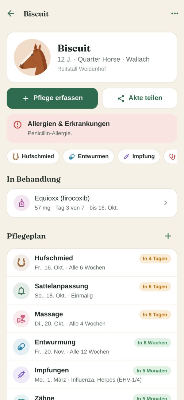 Die Seite eines Pferdes: Profil, Tasten zum schnellen Erfassen und der Pflegeplan