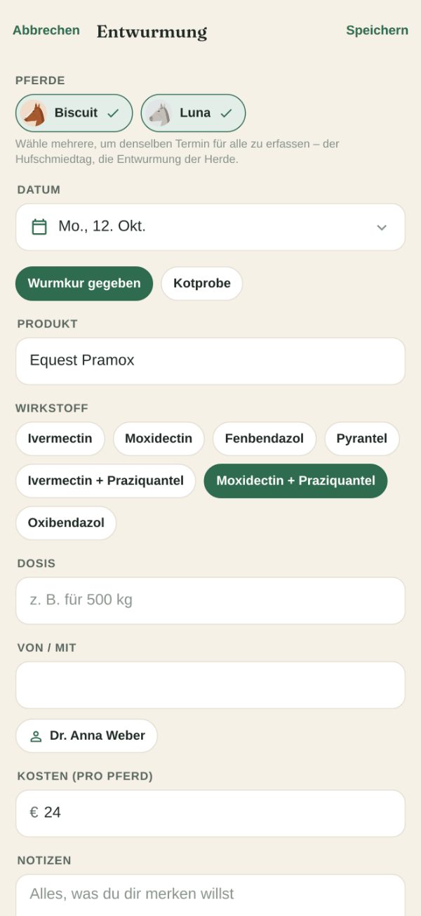 Eine Wurmkur für zwei Pferde auf einmal erfassen