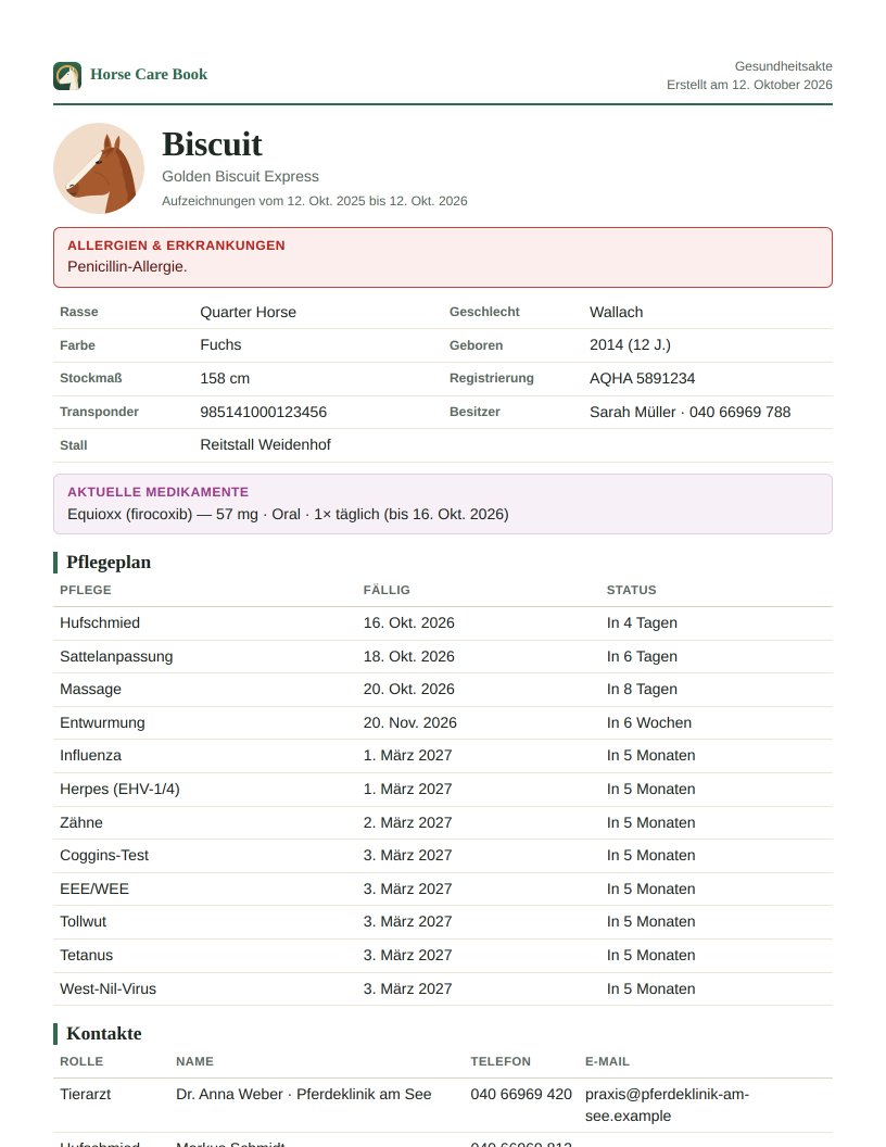 Seite 1 der Gesundheitsakte von Biscuit: Profil, Allergien, Kennzeichnung, aktuelle Medikamente, Pflegeplan und Kontakte