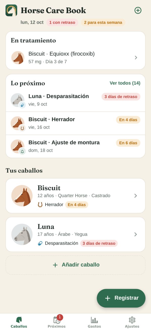 Pantalla de inicio de Horse Care Book: lo próximo para dos caballos (la desparasitación de Luna, con tres días de retraso, y el herrador de Biscuit, dentro de cuatro días) y la lista de caballos