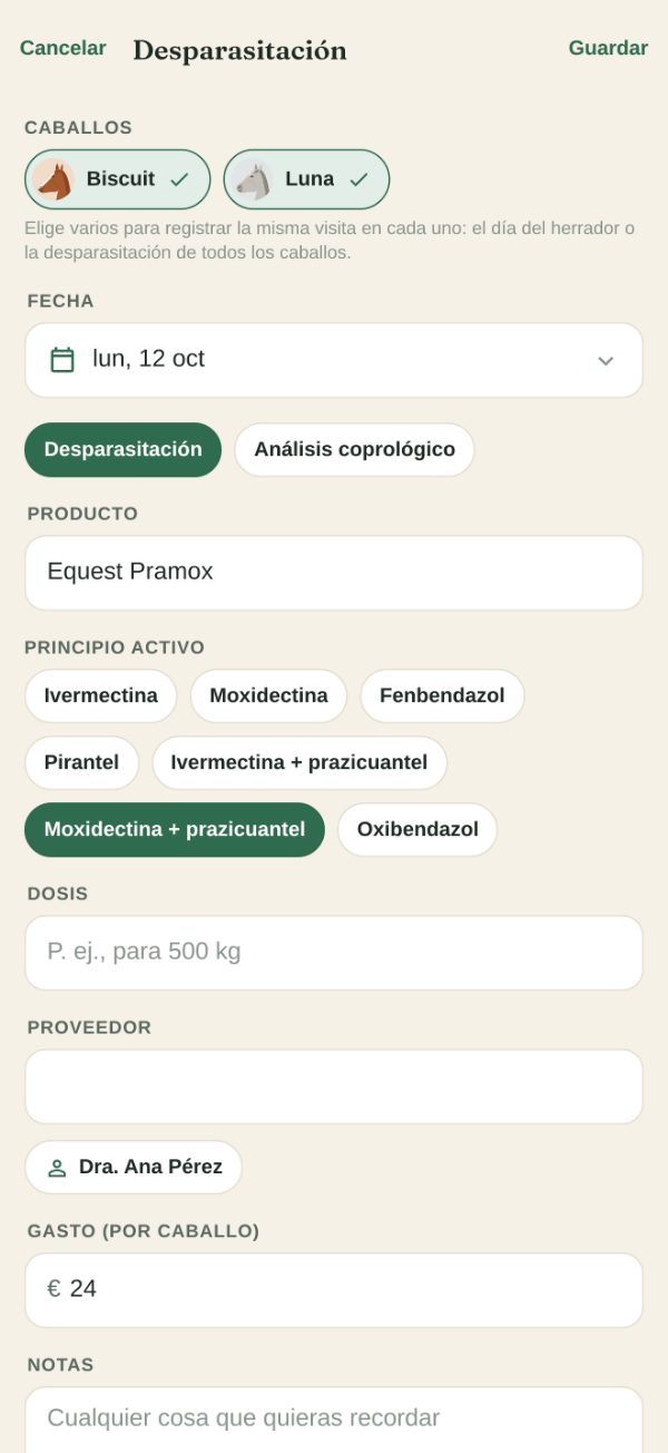 Registro de un desparasitante para dos caballos a la vez