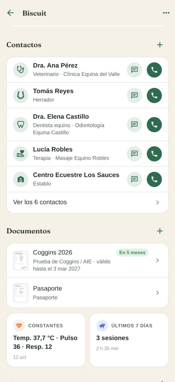 La página de Biscuit: los contactos, con botones para llamar o enviar un mensaje al veterinario, el herrador, el dentista, la terapeuta de masaje y el establo