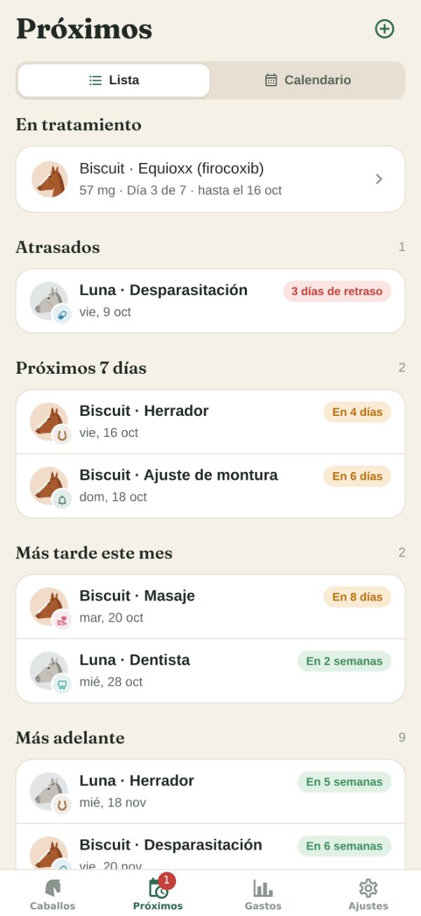 La pestaña Próximos: la desparasitación de Luna, atrasada; el herrador y el ajuste de montura de Biscuit, esta semana; el dentista de Luna, más tarde este mes, y más cosas más adelante