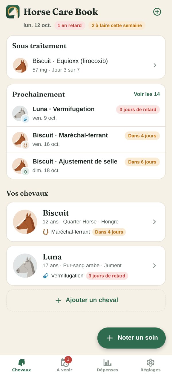 L’écran d’accueil de Horse Care Book&nbsp;: les prochaines échéances de deux chevaux — la vermifugation de Luna en retard de trois jours, le maréchal-ferrant de Biscuit dans quatre jours — et la liste des chevaux
