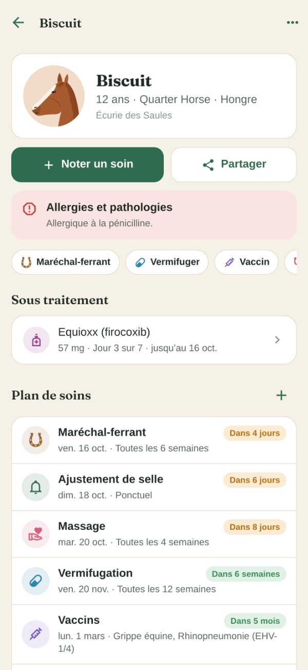 La page d’un cheval&nbsp;: profil, boutons pour noter un soin et plan de soins