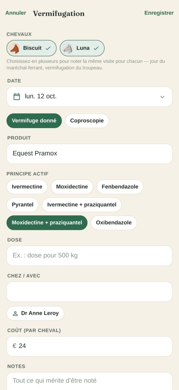 Une vermifugation notée pour deux chevaux à la fois