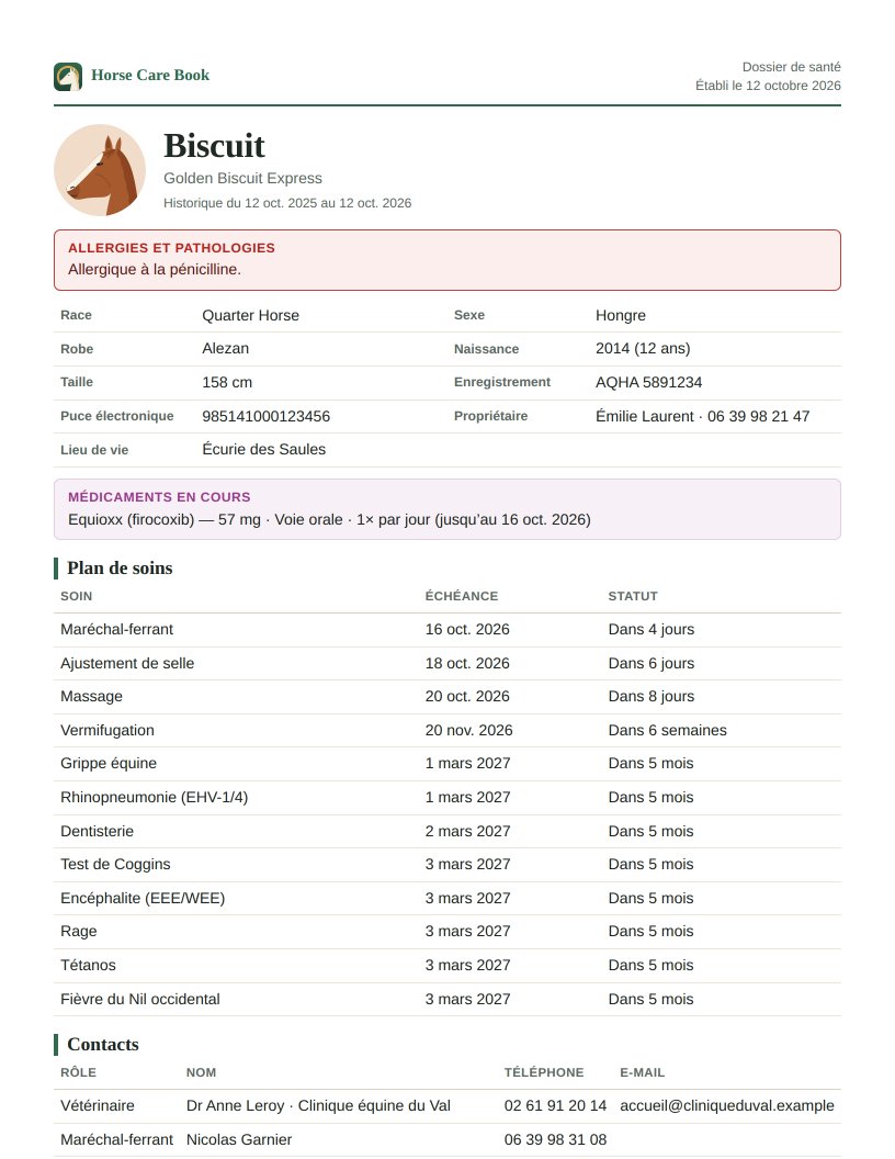 Première page du dossier de santé de Biscuit&nbsp;: profil, identification, allergies, médicaments en cours, plan de soins et contacts