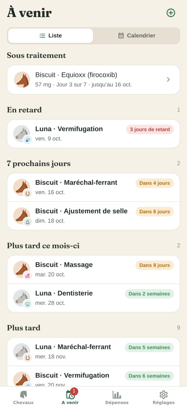 L’onglet À venir&nbsp;: la vermifugation de Luna en retard, le maréchal-ferrant et l’ajustement de selle de Biscuit cette semaine, son massage et la dentisterie de Luna plus tard ce mois-ci, et la suite