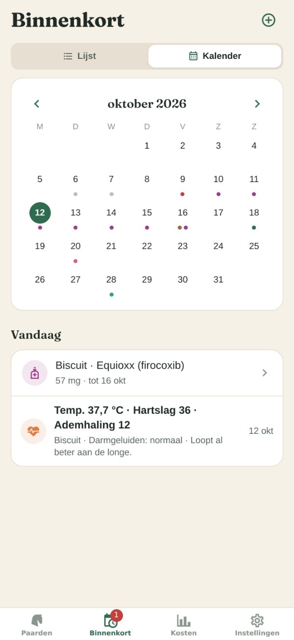 Het tabblad Binnenkort als kalender: stippen voor wat gepland staat, lopende kuren en genoteerde bezoeken