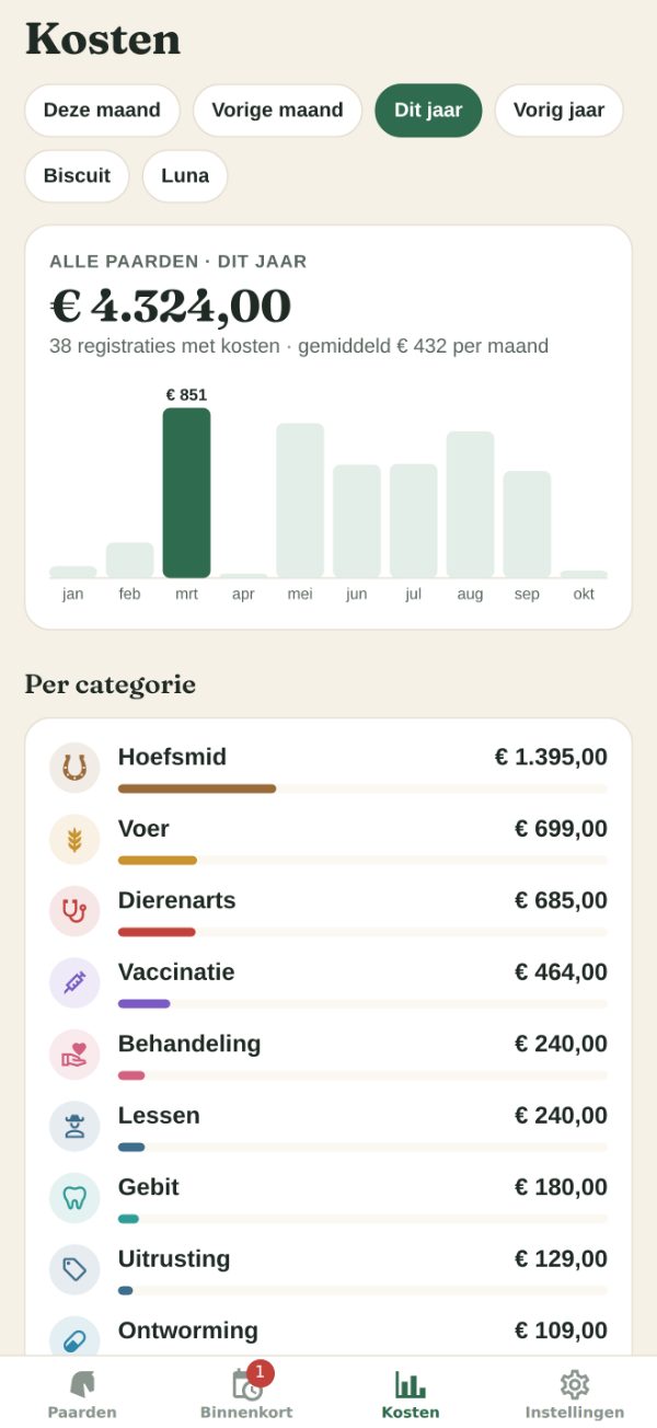 Kosten: het totaal van dit jaar, een grafiek per maand en de uitgaven per categorie