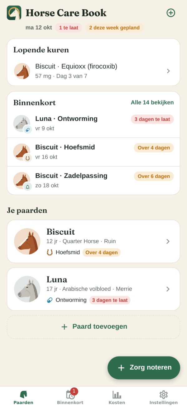 Het startscherm van Horse Care Book: wat er bij twee paarden aan de beurt is — de ontworming van Luna drie dagen te laat, de hoefsmid van Biscuit over vier dagen — en de lijst met paarden