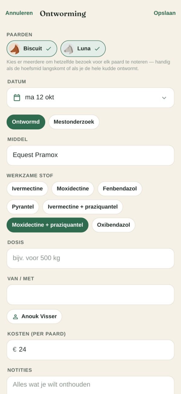 Een ontworming voor twee paarden tegelijk noteren