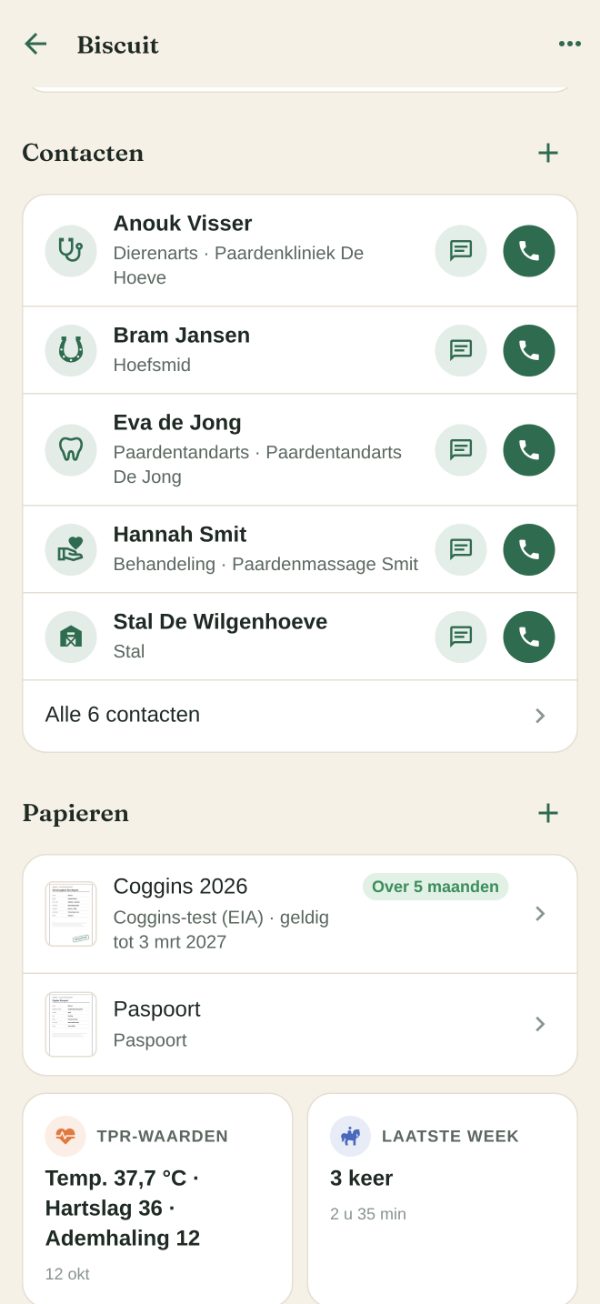 De pagina van Biscuit: de contacten met bel- en sms-knoppen voor dierenarts, hoefsmid, paardentandarts, paardenmasseur en stal