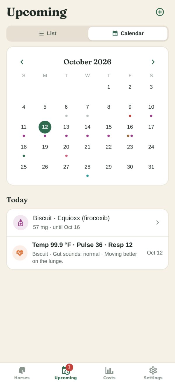 The Upcoming tab as a calendar: dots for what's due, courses of medication and visits logged