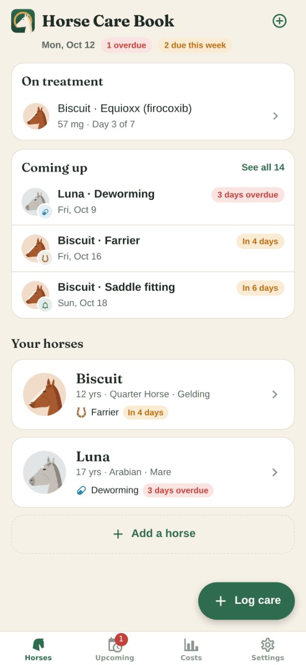 Horse Care Book's home screen: what's coming up across two horses — Luna's deworming three days overdue, Biscuit's farrier in four days — and the horse list