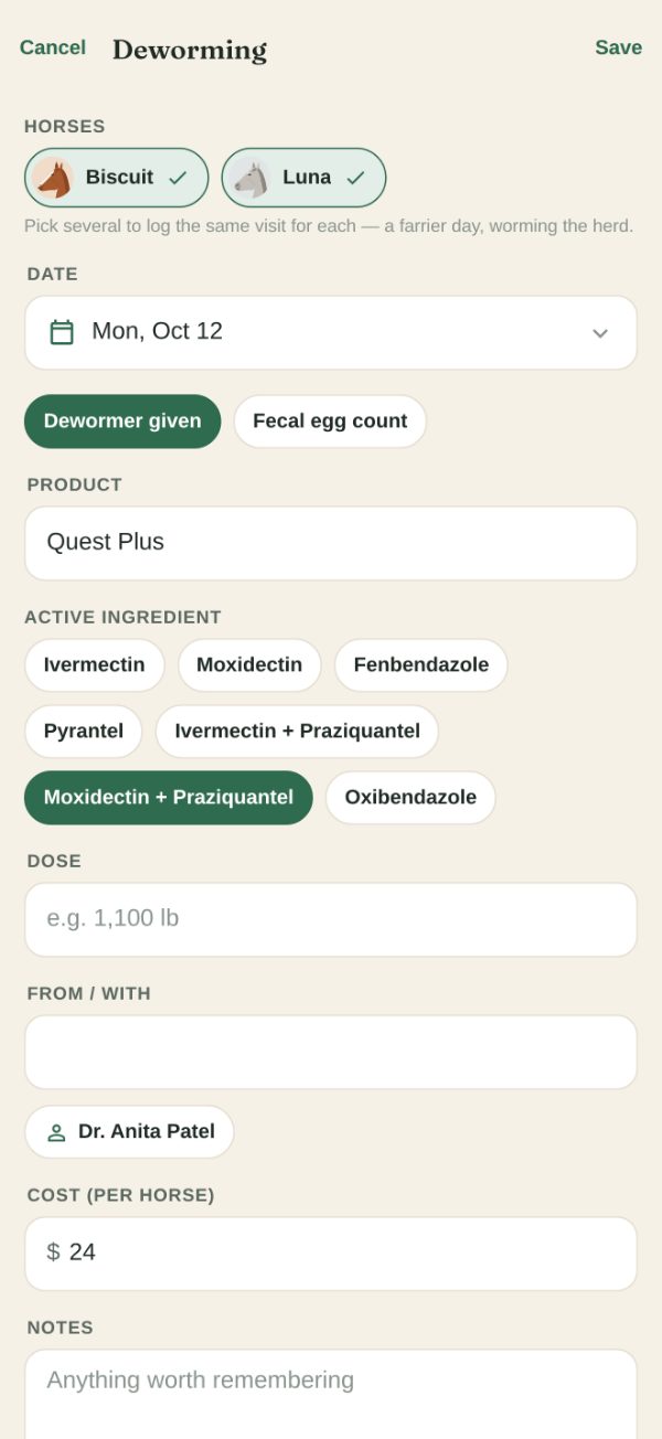 Logging a dewormer for two horses at once