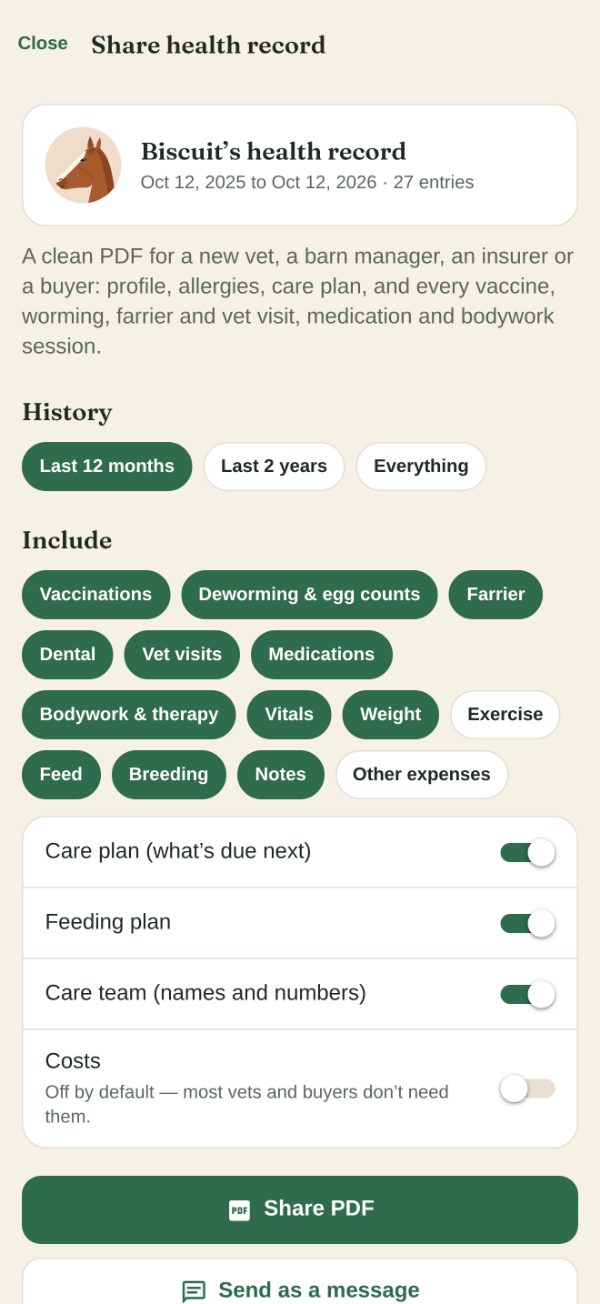 The share screen: history range, sections to include, Share PDF and Send as a message