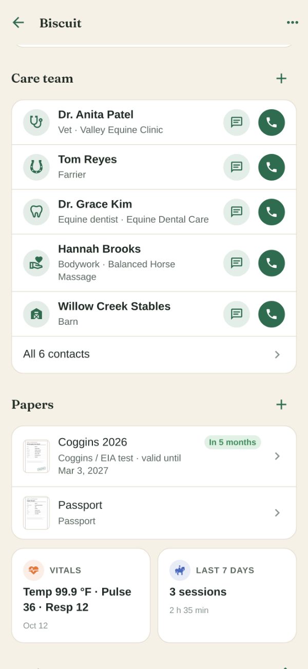 Biscuit's page: the care team with call and text buttons for the vet, farrier, dentist, massage therapist and barn