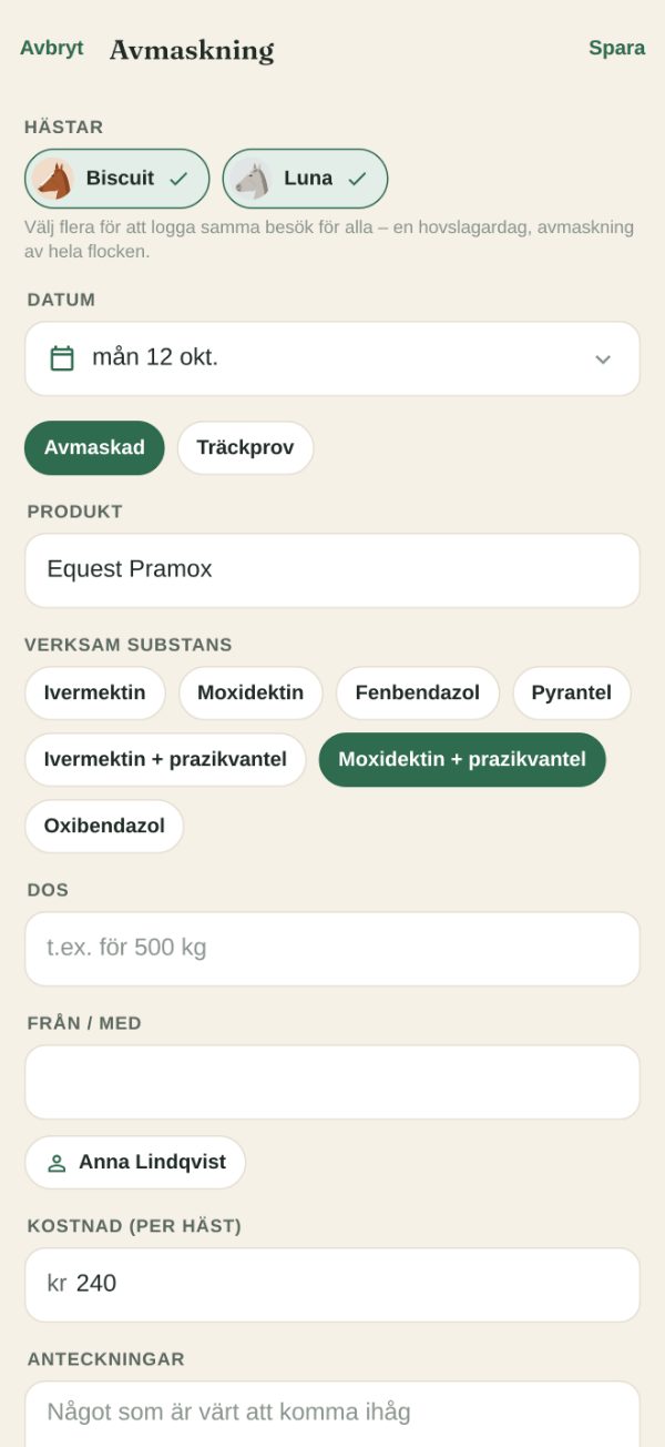 Avmaskning loggas för två hästar på en gång