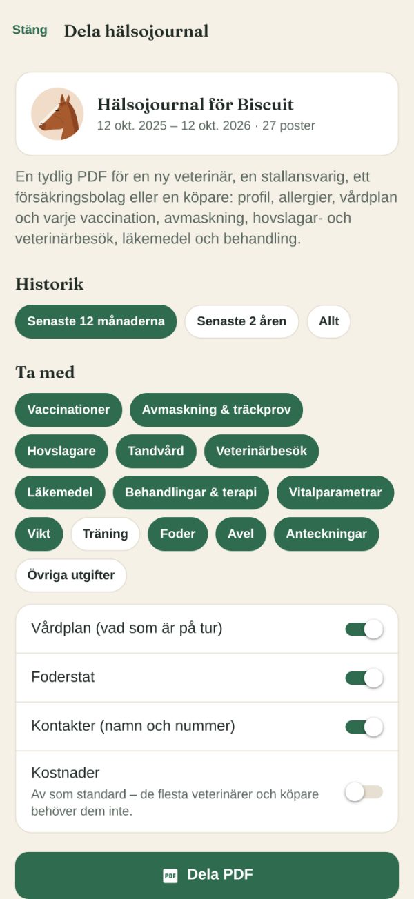 Skärmen ”Dela hälsojournal”: historik, avsnitt att ta med och ”Dela PDF”