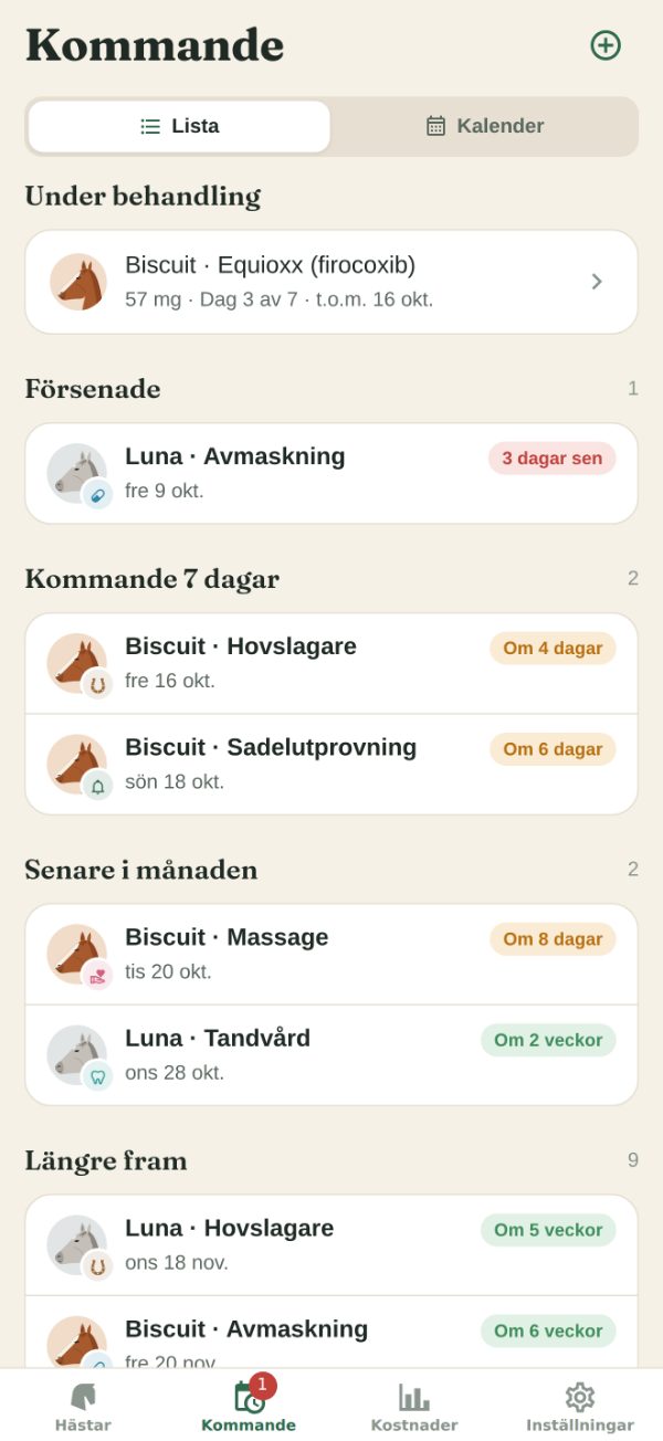 Fliken Kommande: Biscuits pågående kur, Lunas avmaskning försenad, Biscuits hovslagare och sadelutprovning de kommande 7 dagarna, Biscuits massage och Lunas tandvård senare i månaden, och mer längre fram